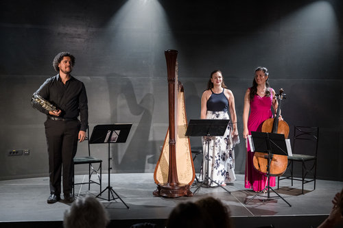 Lara Hrastnik, harfa, Vita Peterlin, violončelo, Klever Felicio, rog / Foto: Urška Lukovnjak